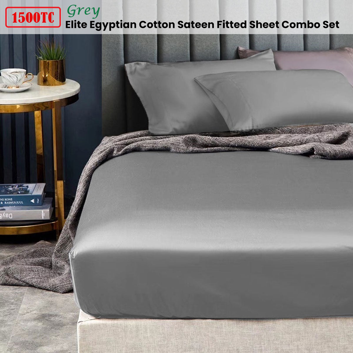 Ramesses 1500TC Elite Egyptian Cotton Sateen Fitted Sheet Combo Set Grey Double