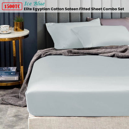 Ramesses 1500TC Elite Egyptian Cotton Sateen Fitted Sheet Combo Set Ice Blue King Single