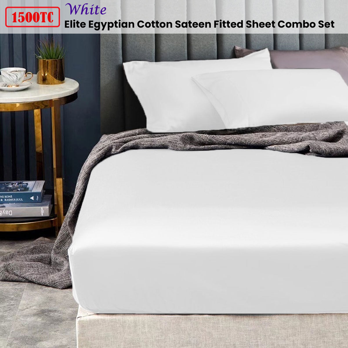 Ramesses 1500TC Elite Egyptian Cotton Sateen Fitted Sheet Combo Set White Mega King