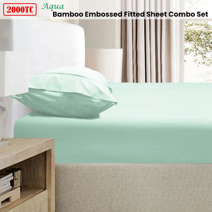 Ramesses 2000TC Bamboo Embossed Fitted Sheet Combo Set Aqua King Single