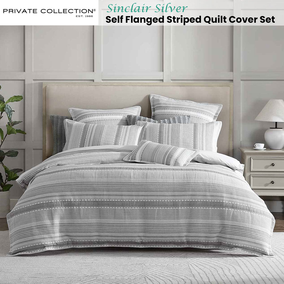 Private Collection Sinclair Silver Self Flanged Striped Quilt Cover Set King