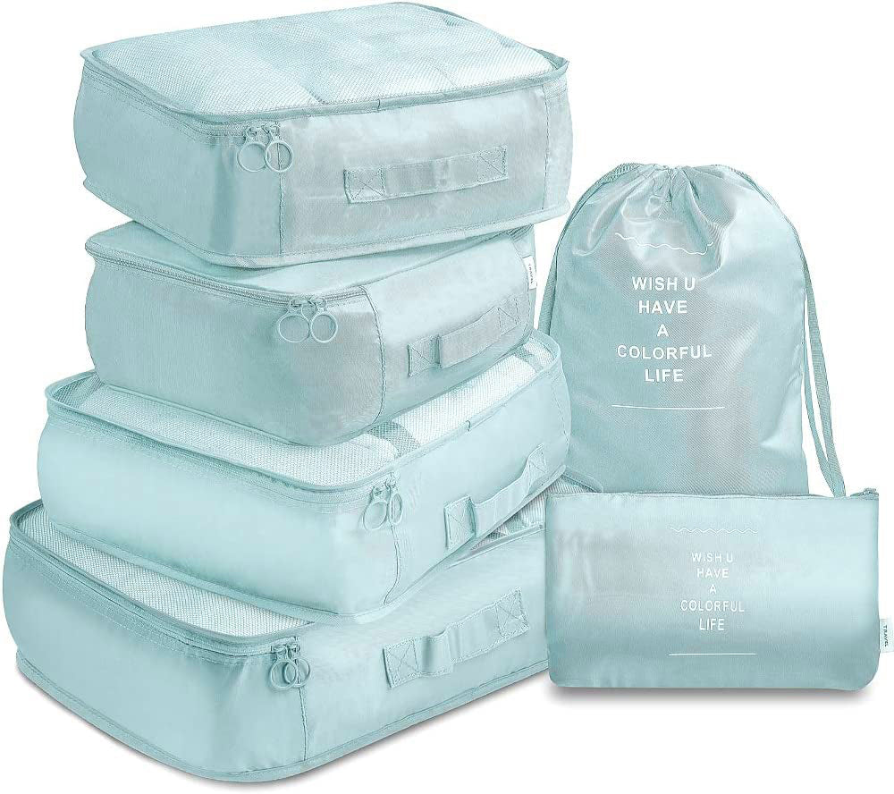 6 Pcs Waterproof Compression Packing Cubes Large Travel Luggage Organizer Storage (Light Blue)