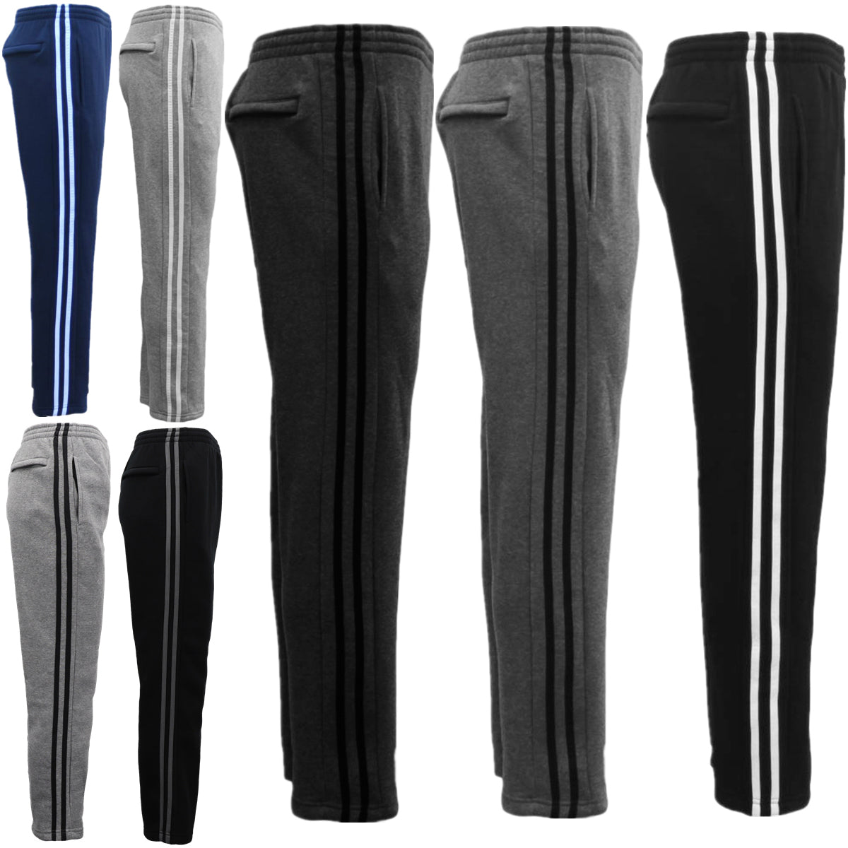 Men's Fleece Casual Sports Track Pants w Zip Pocket Striped Sweat Trousers S-6XL, Black, S