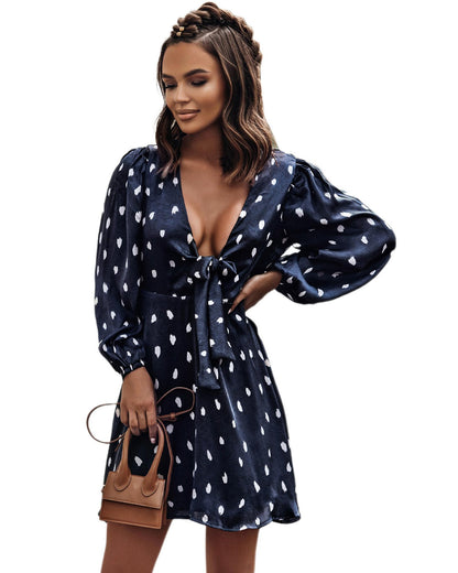 Azura Exchange Dot Print A-Line Dress with Deep V Neck and Balloon Sleeves - L