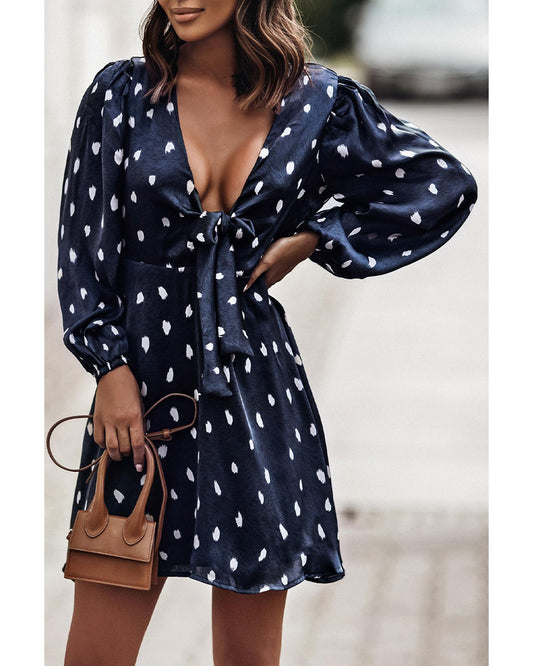 Azura Exchange Dot Print A-Line Dress with Deep V Neck and Balloon Sleeves - M