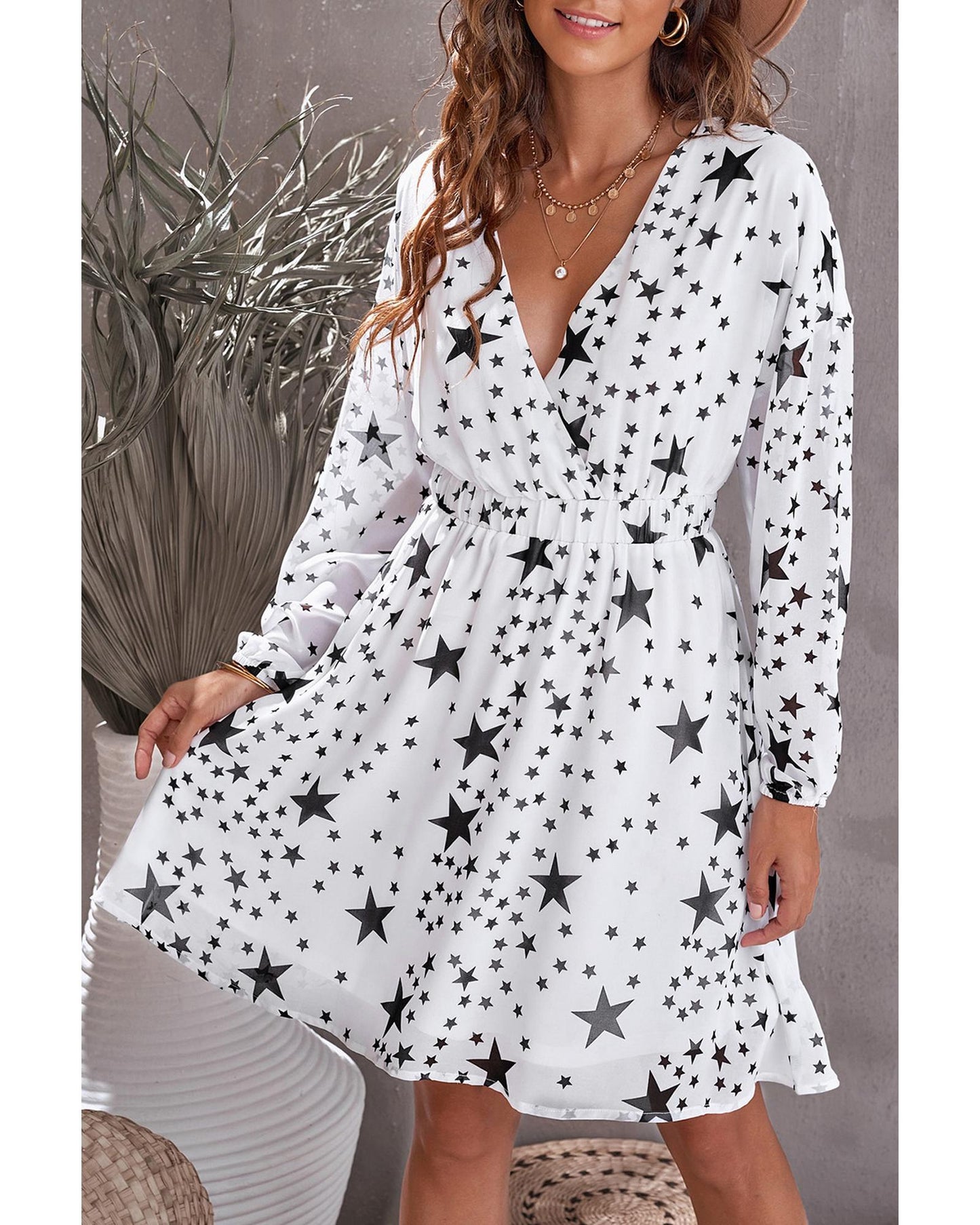 Azura Exchange V Neck Star Pattern Tunic Dress - L