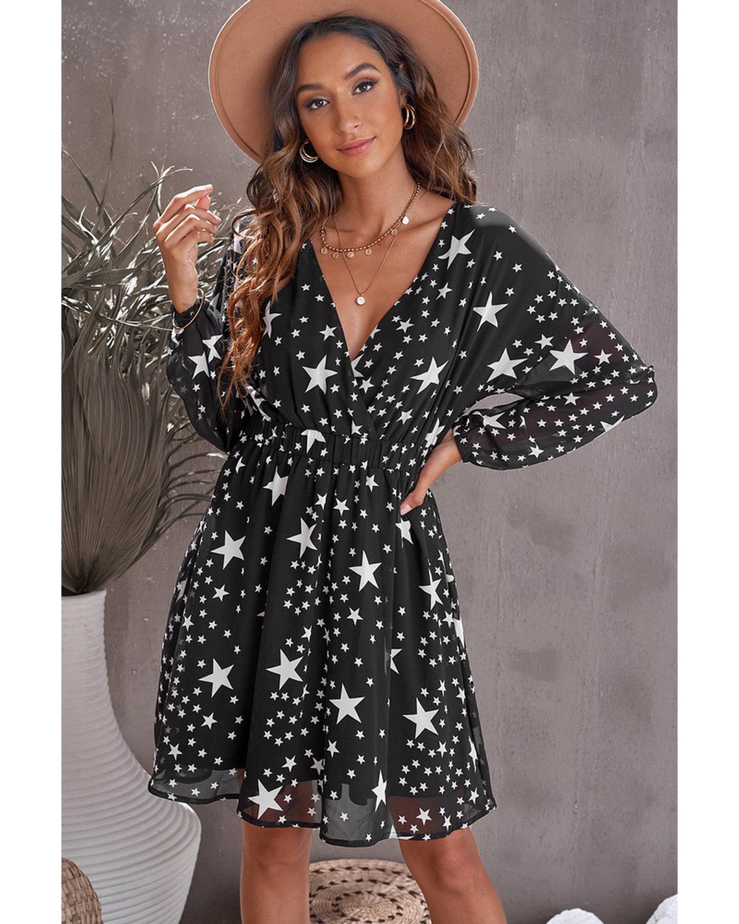 Azura Exchange Star Pattern V Neck Tunic Dress - L