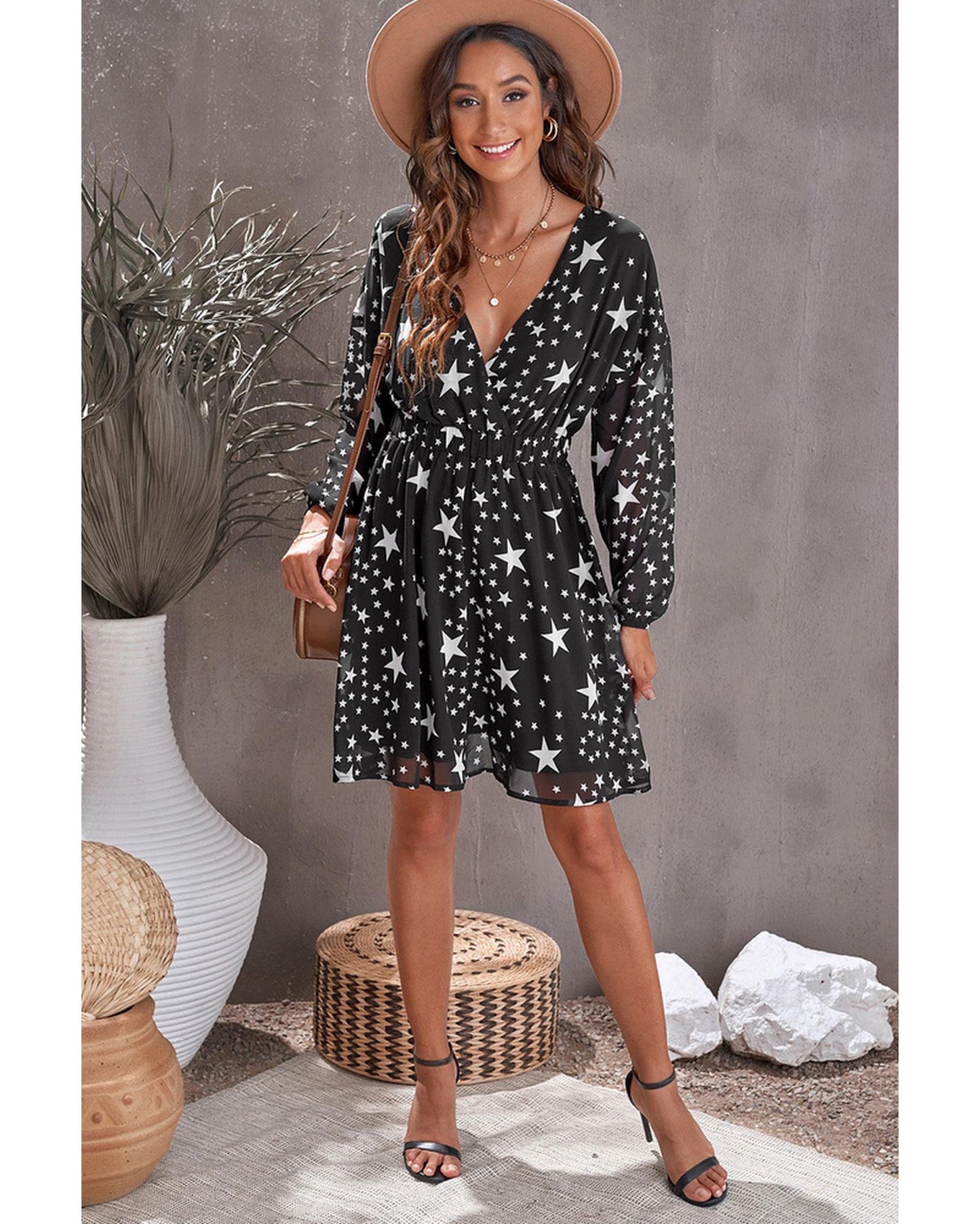 Azura Exchange Star Pattern V Neck Tunic Dress - L