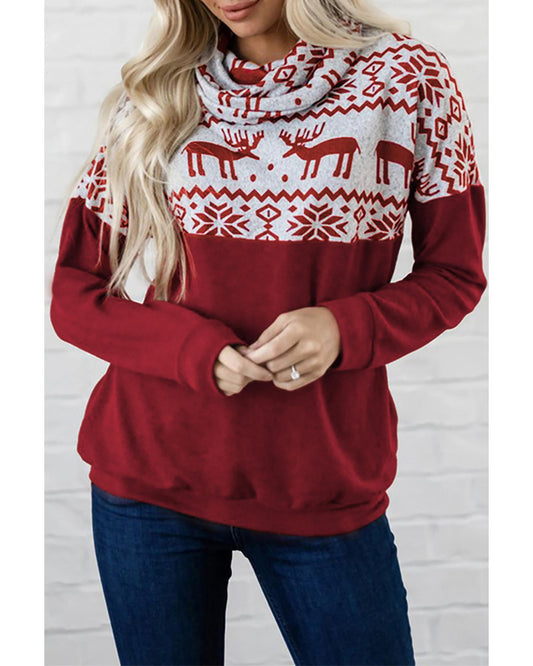 Azura Exchange Christmas Elk Print Cowl Neck Knit Top - S