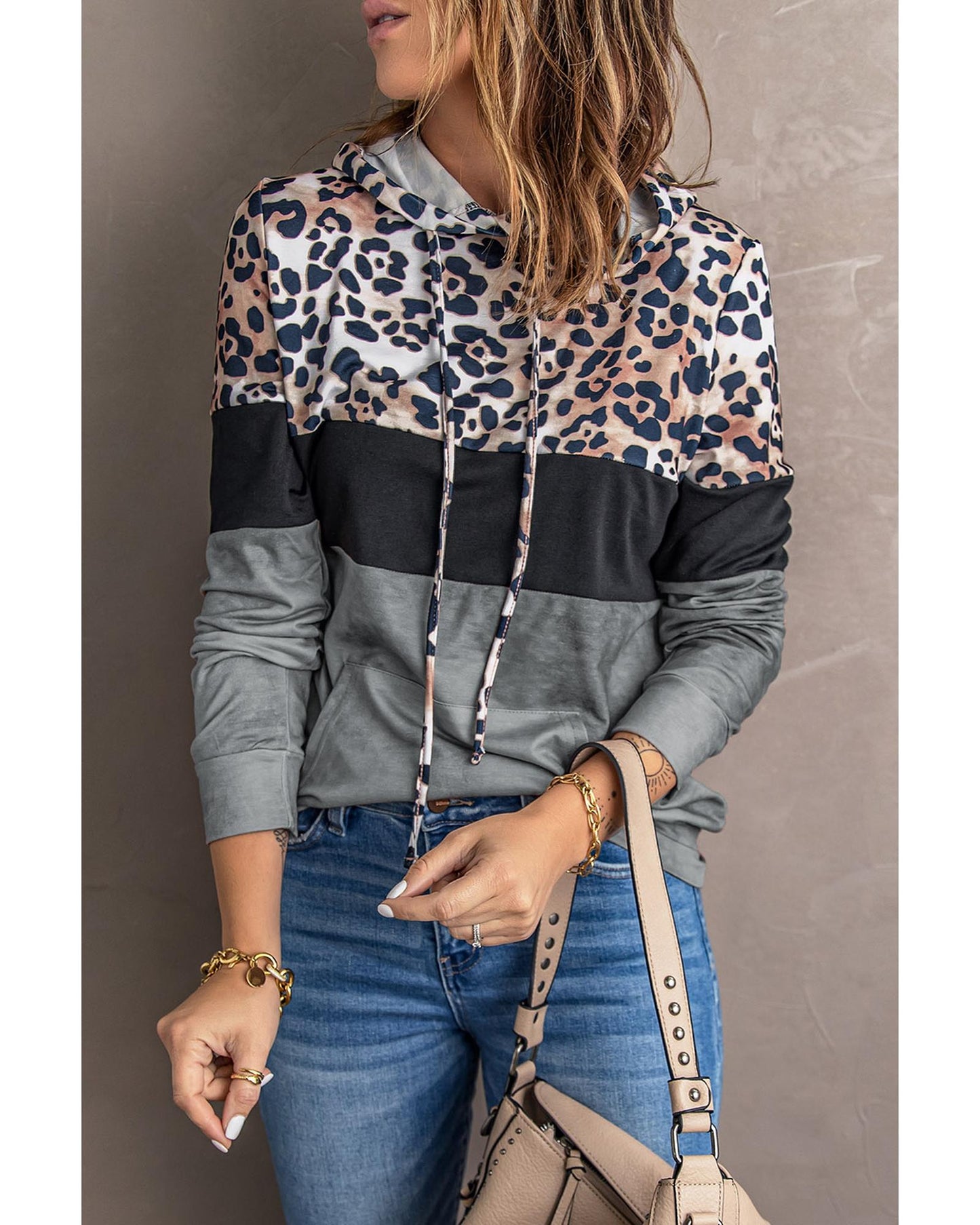 Azura Exchange Leopard Colorblock Hoodie - M