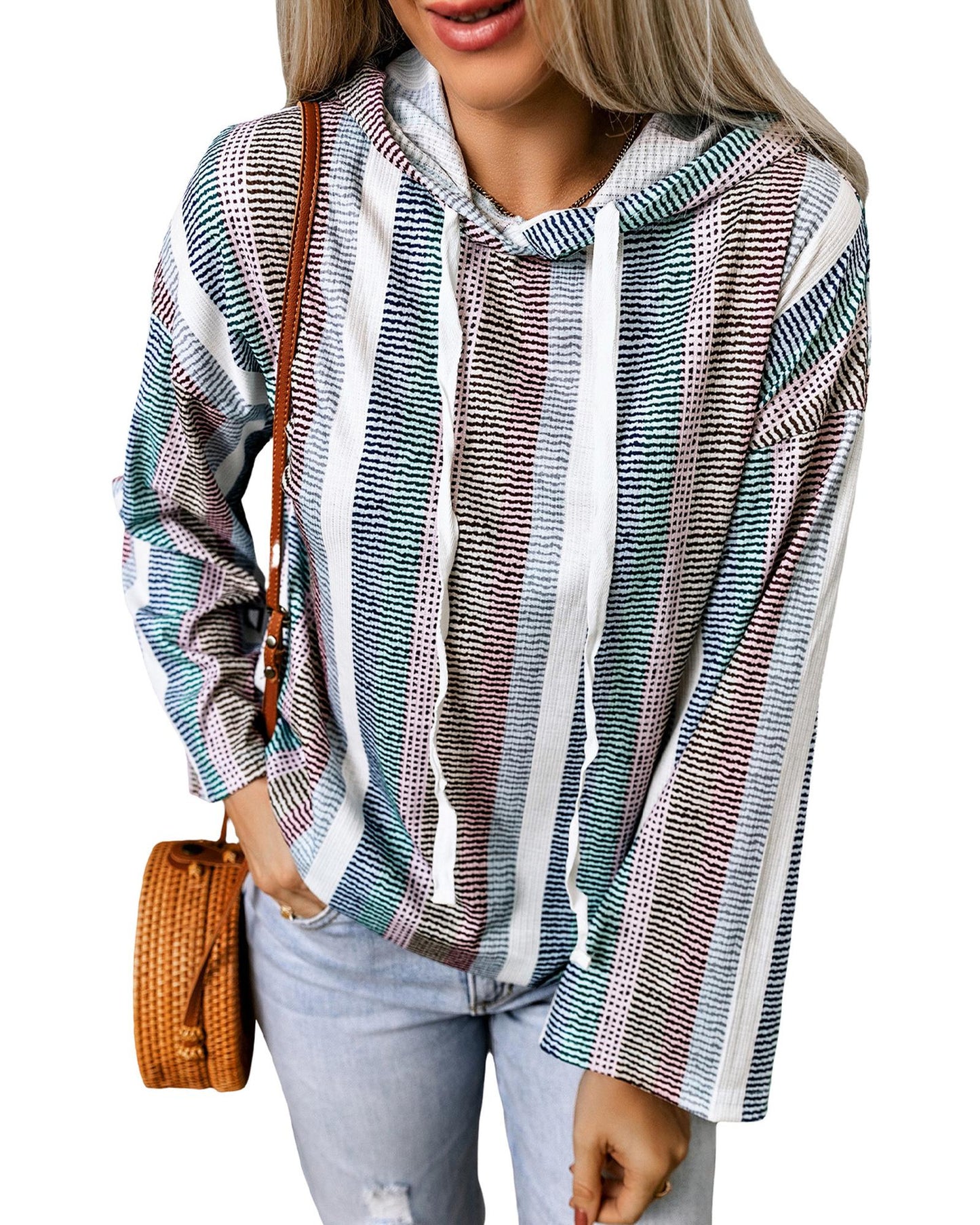 Azura Exchange Striped Textured Knit Hoodie - L