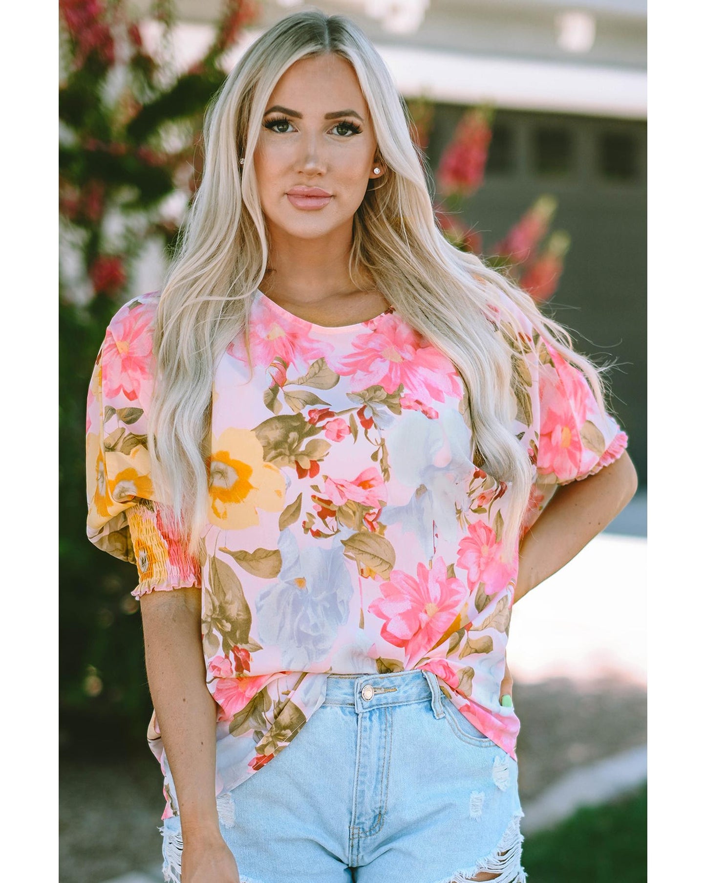 Azura Exchange Floral Blouse with Shirred Cuff Sleeves - L