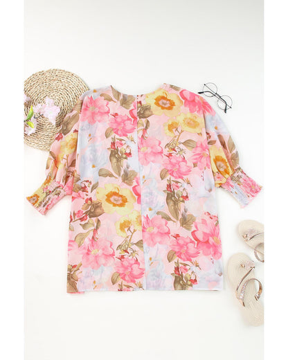 Azura Exchange Floral Blouse with Shirred Cuff Sleeves - L