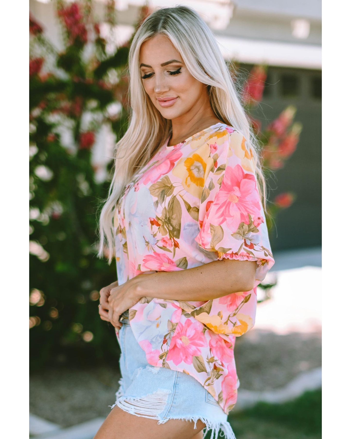 Azura Exchange Floral Blouse with Shirred Cuff Sleeves - S