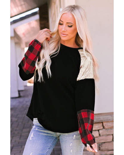 Azura Exchange Lantern Sleeve Plaid Sequin Pullover Sweatshirt - L