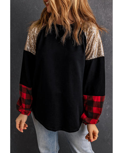 Azura Exchange Lantern Sleeve Plaid Sequin Pullover Sweatshirt - L