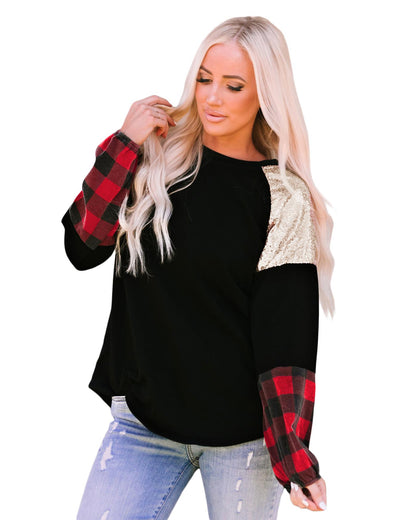 Azura Exchange Lantern Sleeve Plaid Sequin Pullover Sweatshirt - L