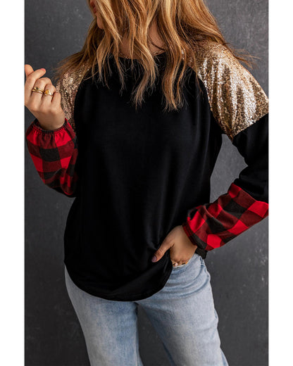 Azura Exchange Lantern Sleeve Plaid Sequin Pullover Sweatshirt - M