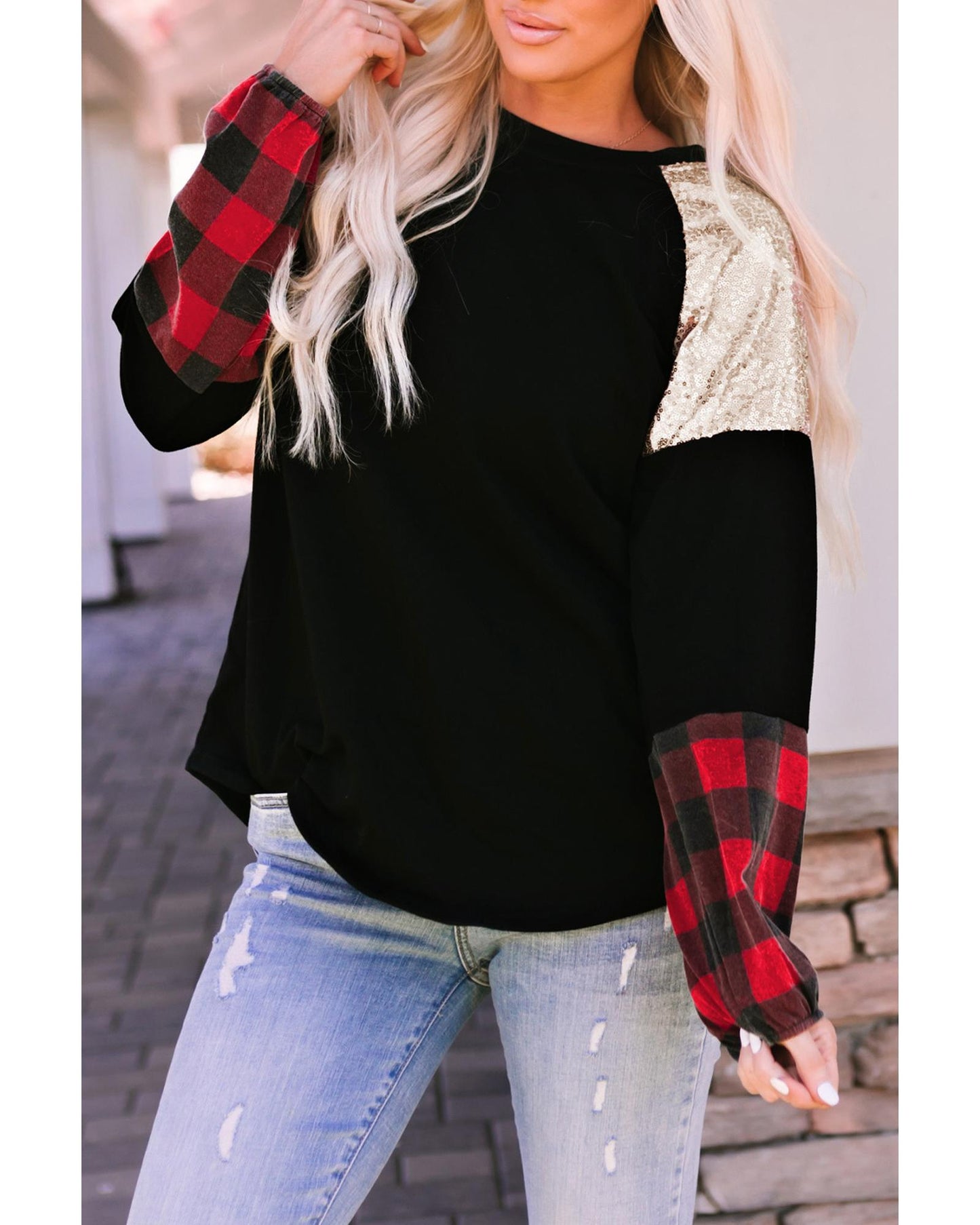 Azura Exchange Lantern Sleeve Plaid Sequin Pullover Sweatshirt - S