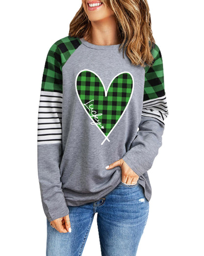 Azura Exchange Plaid Heart Color Block Long Sleeve Top - 2XL