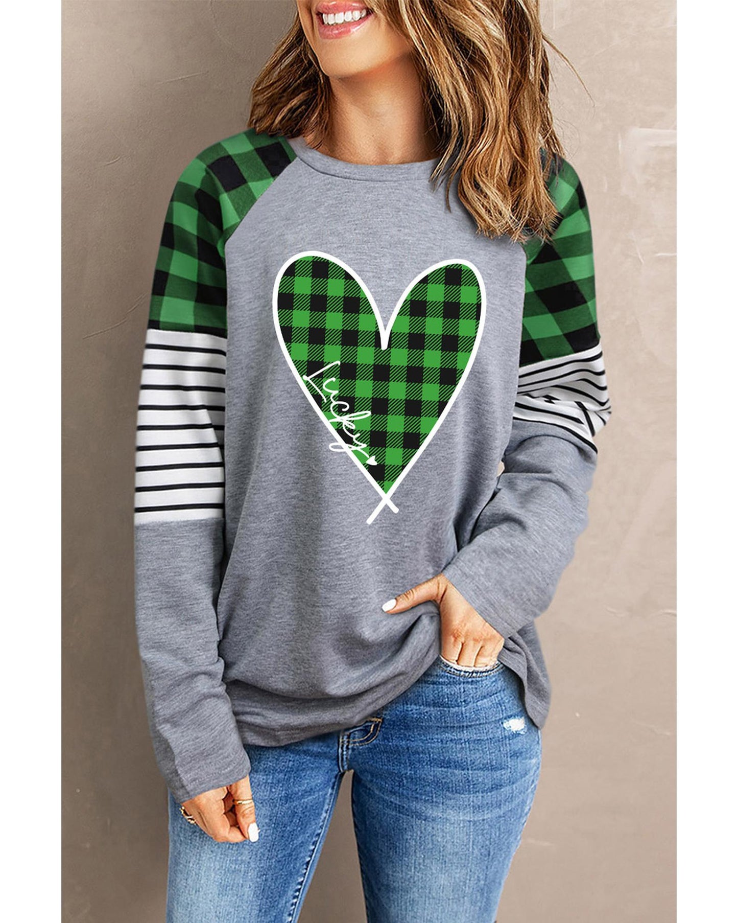 Azura Exchange Plaid Heart Color Block Long Sleeve Top - L