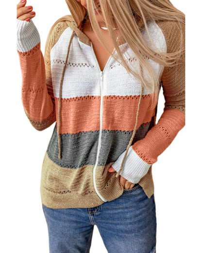 Azura Exchange Zipped Front Colorblock Hollow-out Knit Hoodie - 2XL