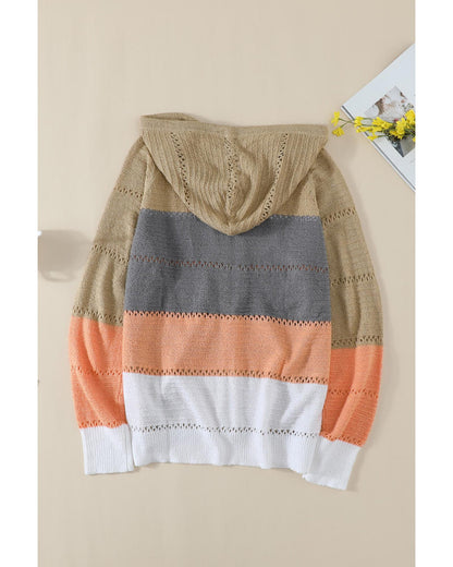 Azura Exchange Zipped Front Colorblock Hollow-out Knit Hoodie - M
