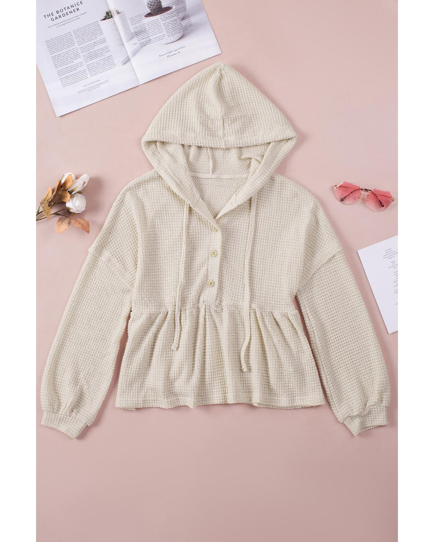 Azura Exchange Waffle Knit Buttons Ruffled Hooded Top - 2XL