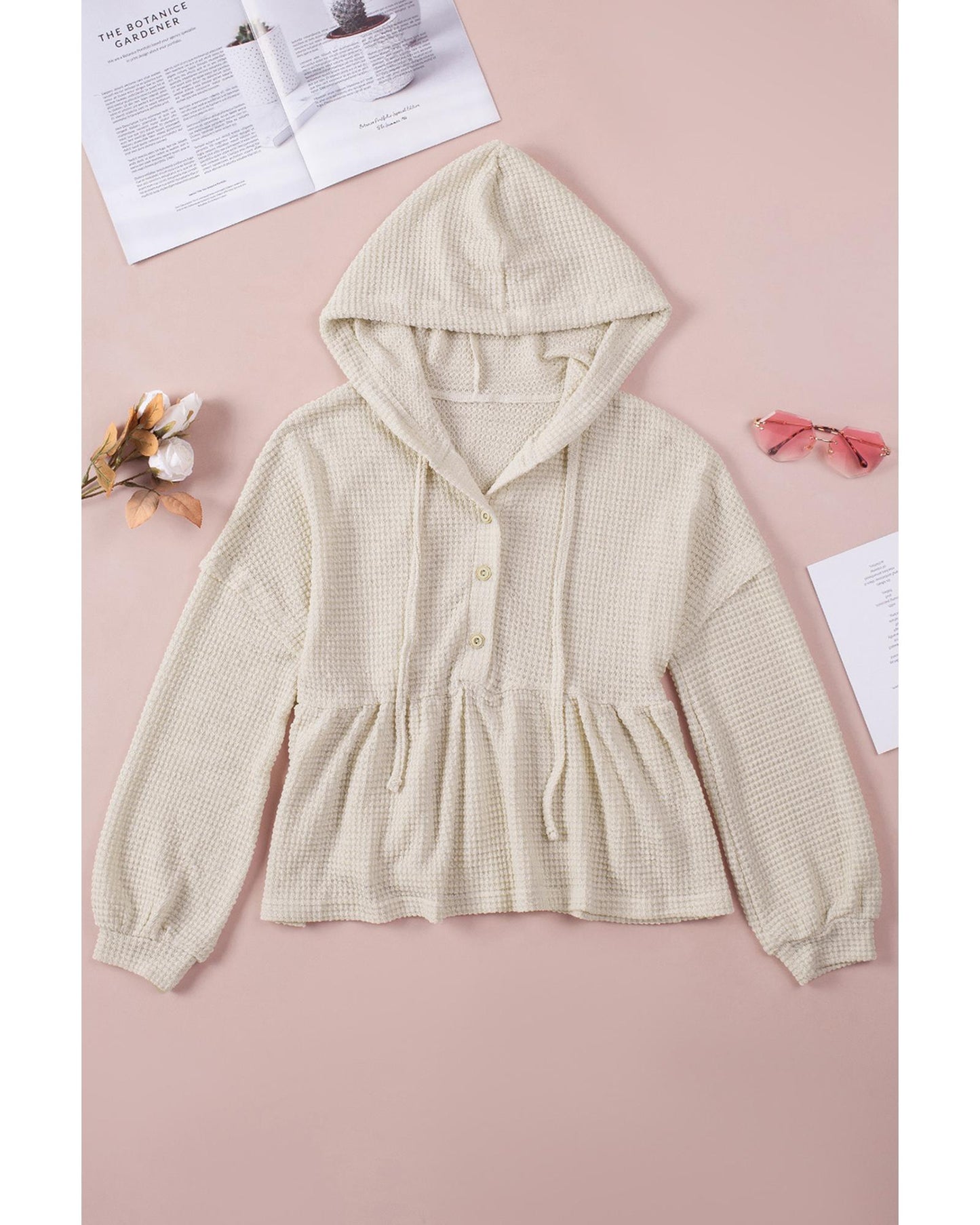 Azura Exchange Waffle Knit Buttons Ruffled Hooded Top - M