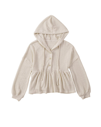 Azura Exchange Waffle Knit Buttons Ruffled Hooded Top - M