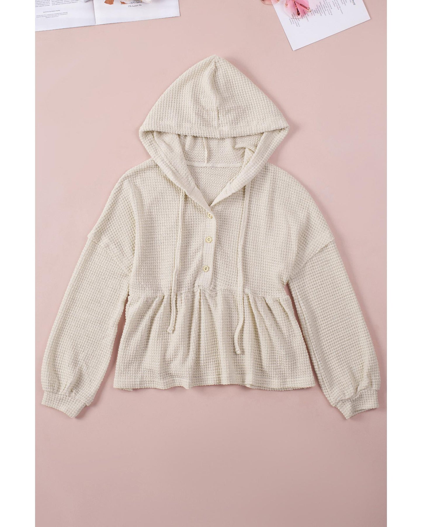 Azura Exchange Waffle Knit Buttons Ruffled Hooded Top - S