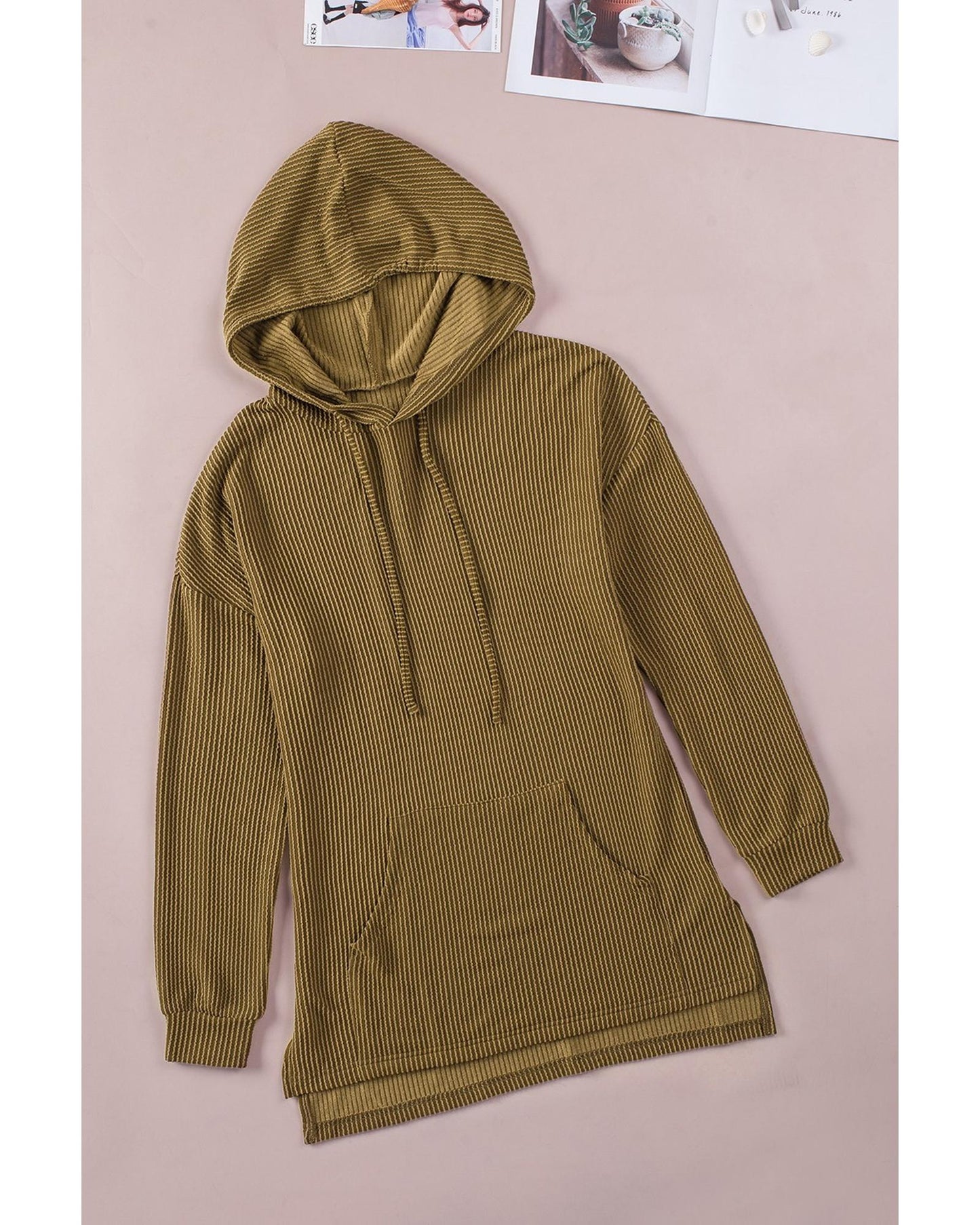 Azura Exchange Ribbed Drawstring Hoodie with Kangaroo Pocket - M