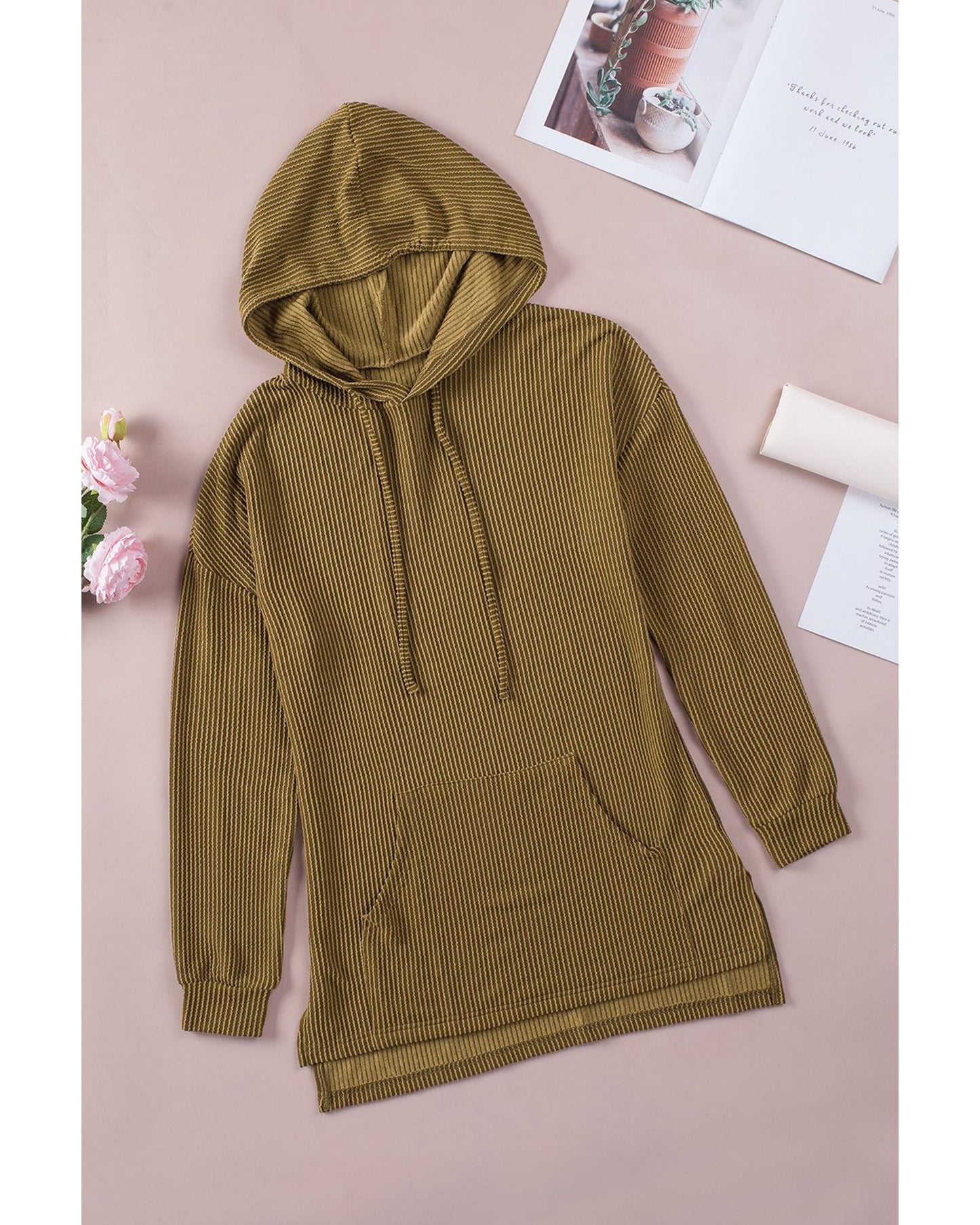 Azura Exchange Ribbed Drawstring Hoodie with Kangaroo Pocket - S