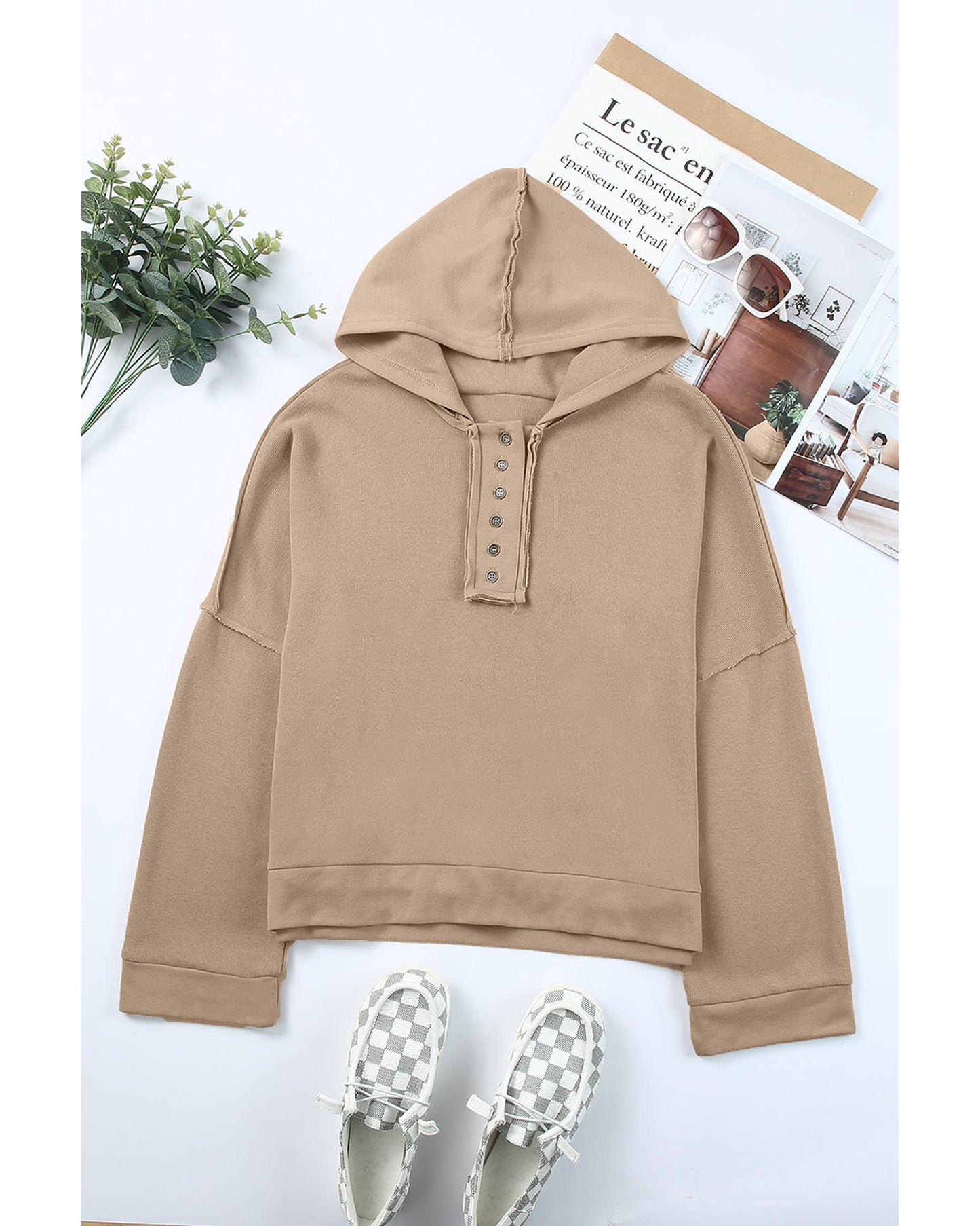 Azura Exchange Casual Khaki Hoodie with Patchwork Trim - L