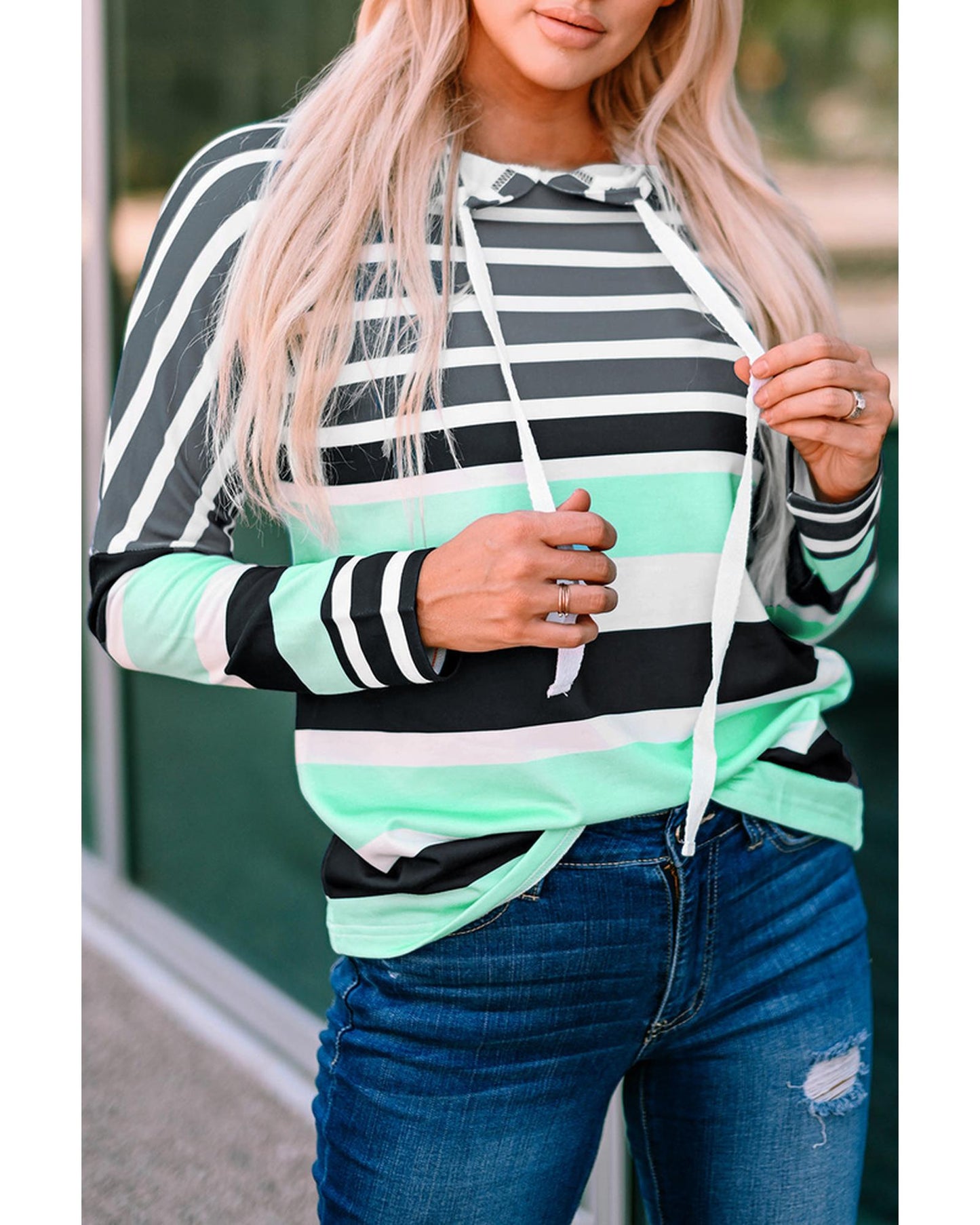 Azura Exchange Striped Drawstring Long Sleeve Hoodie - M