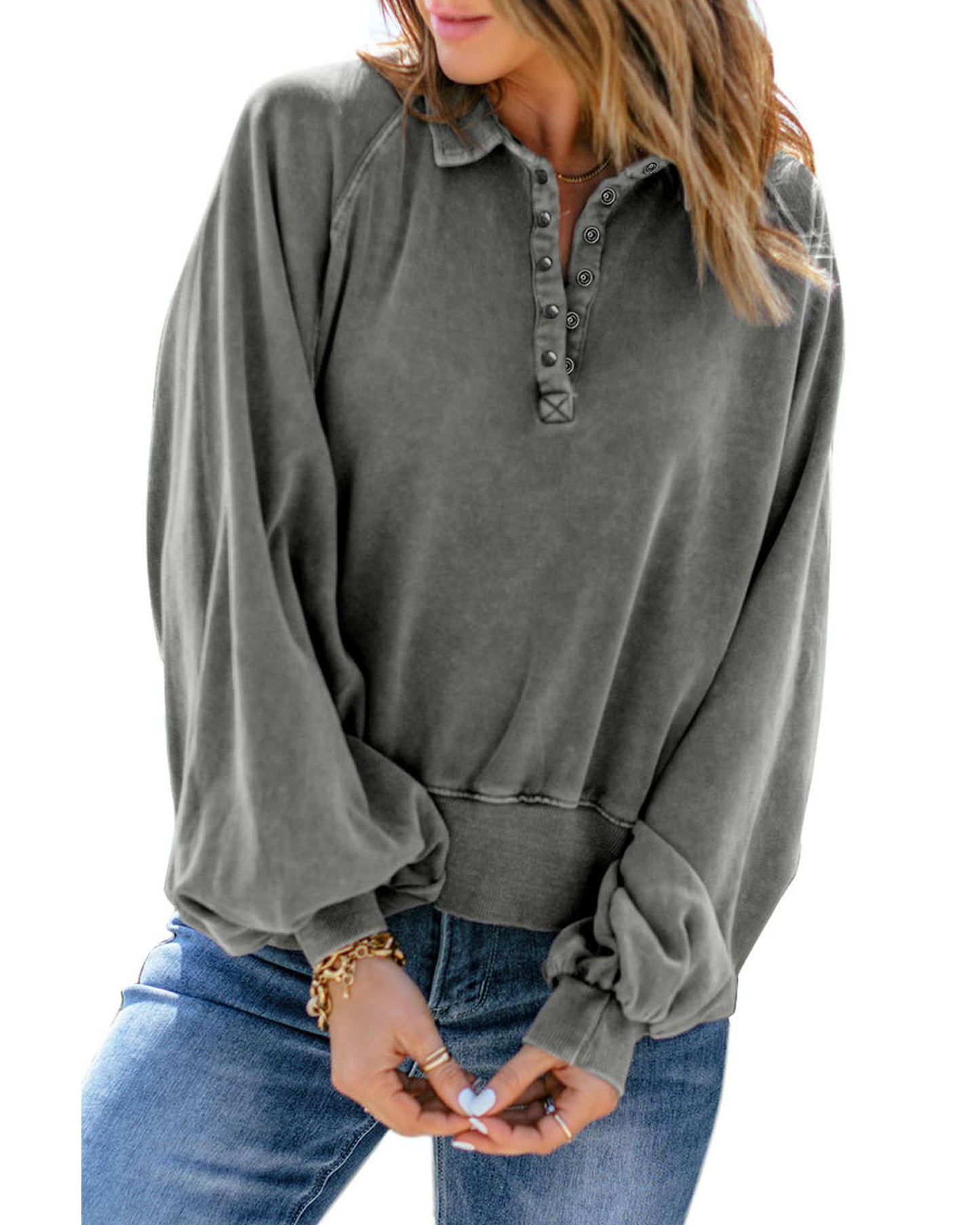 Azura Exchange Washed Snap Buttons Lantern Sleeve Pullover Sweatshirt - 2XL