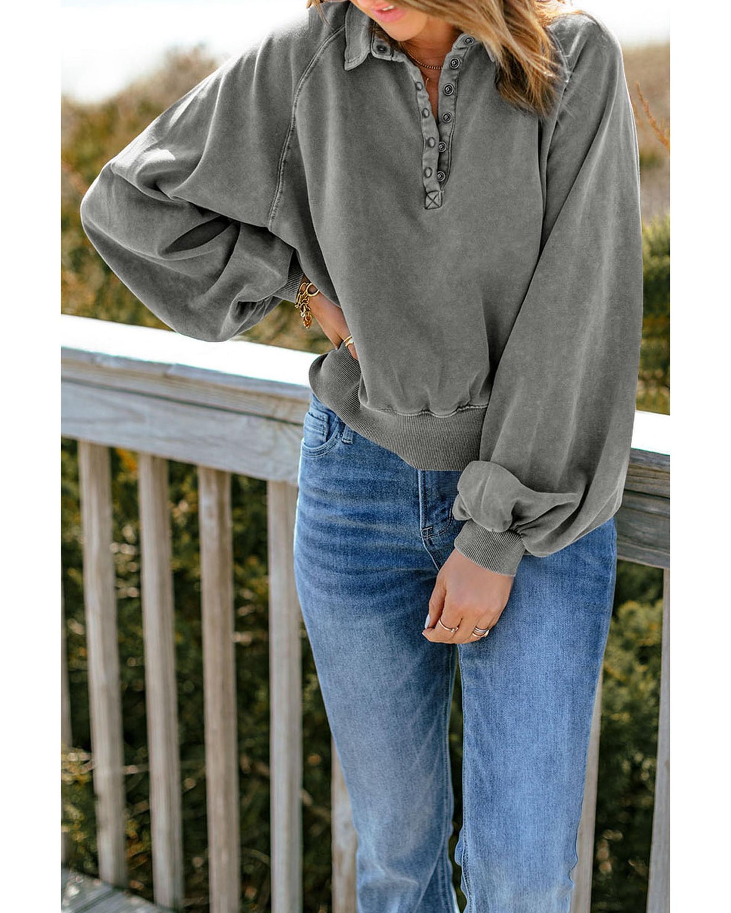 Azura Exchange Washed Snap Buttons Lantern Sleeve Pullover Sweatshirt - 2XL