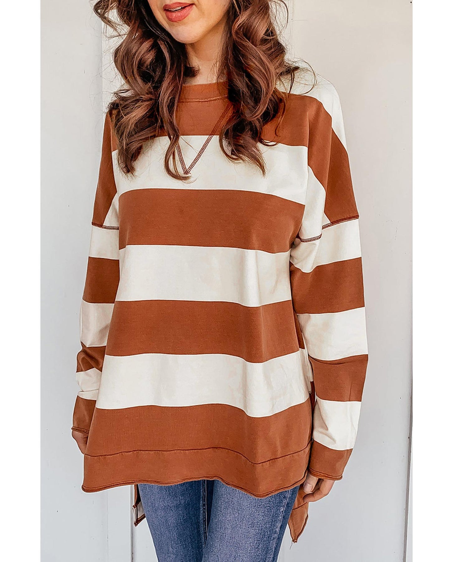 Azura Exchange Drop Shoulder Striped Sweatshirt - L