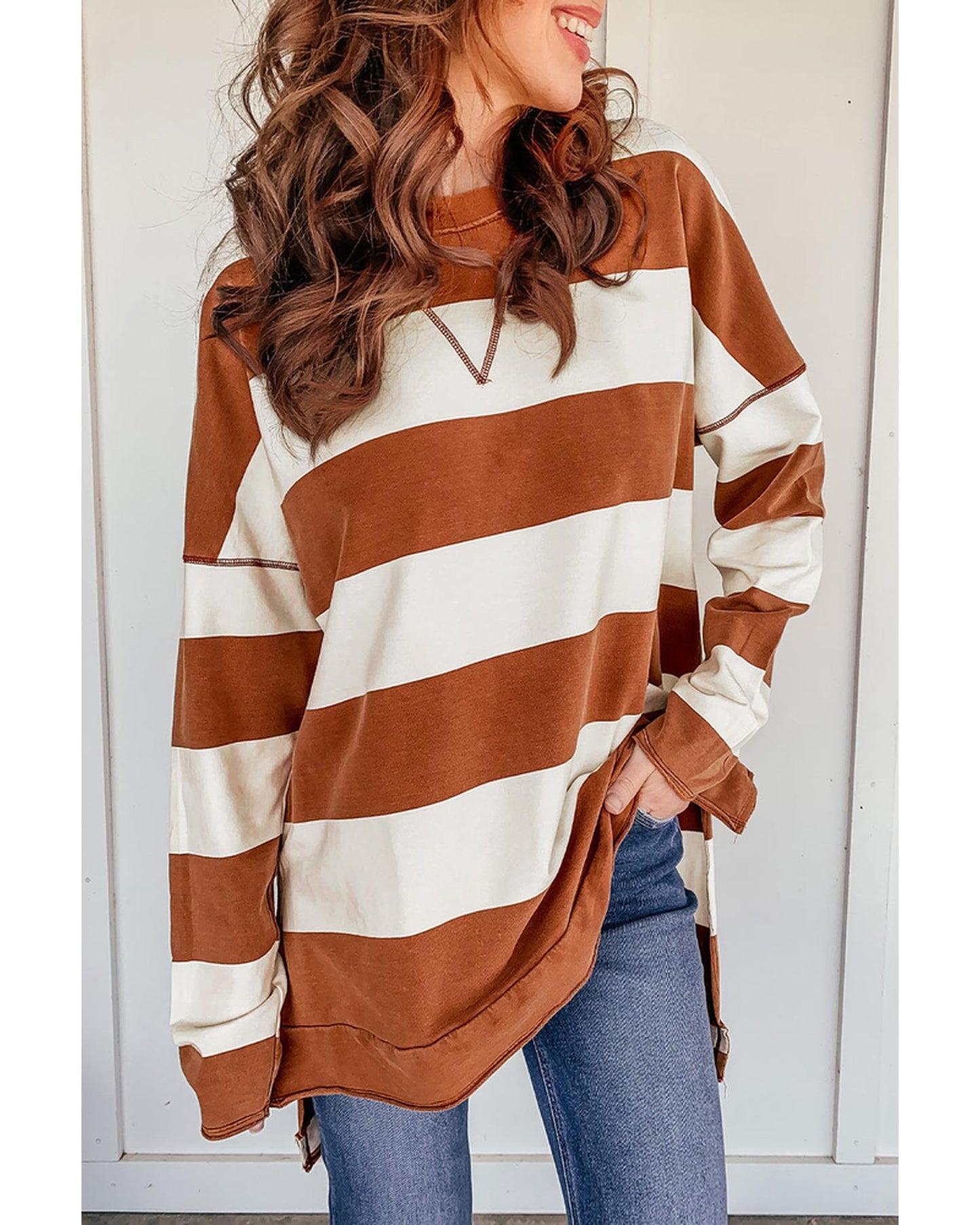 Azura Exchange Drop Shoulder Striped Sweatshirt - S