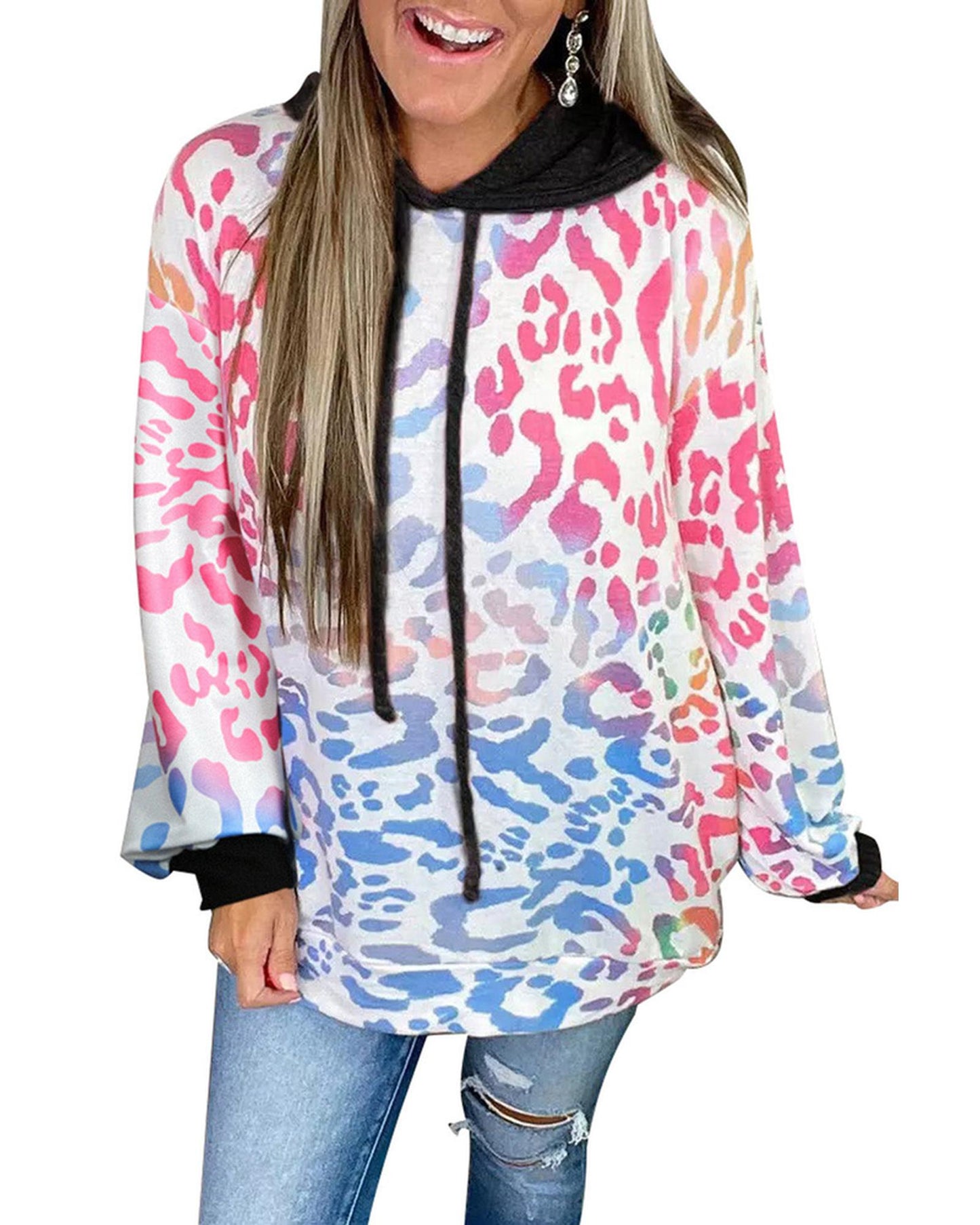 Azura Exchange Leopard Drawstring Hoodie with Colorful Splicing - L