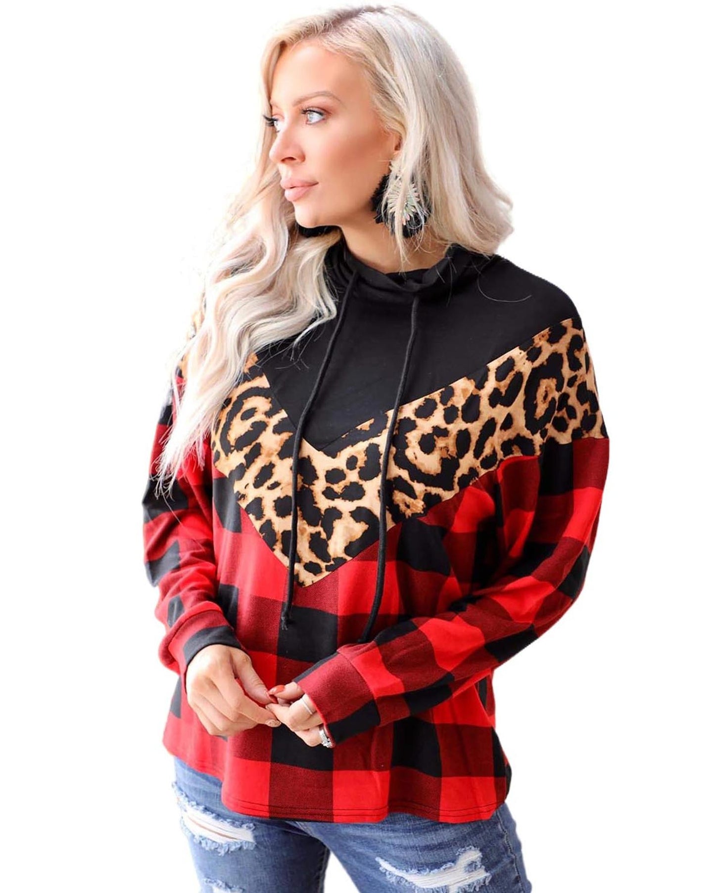 Azura Exchange Chevron Plaid Leopard Patchwork Turtleneck Sweatshirt - 2XL