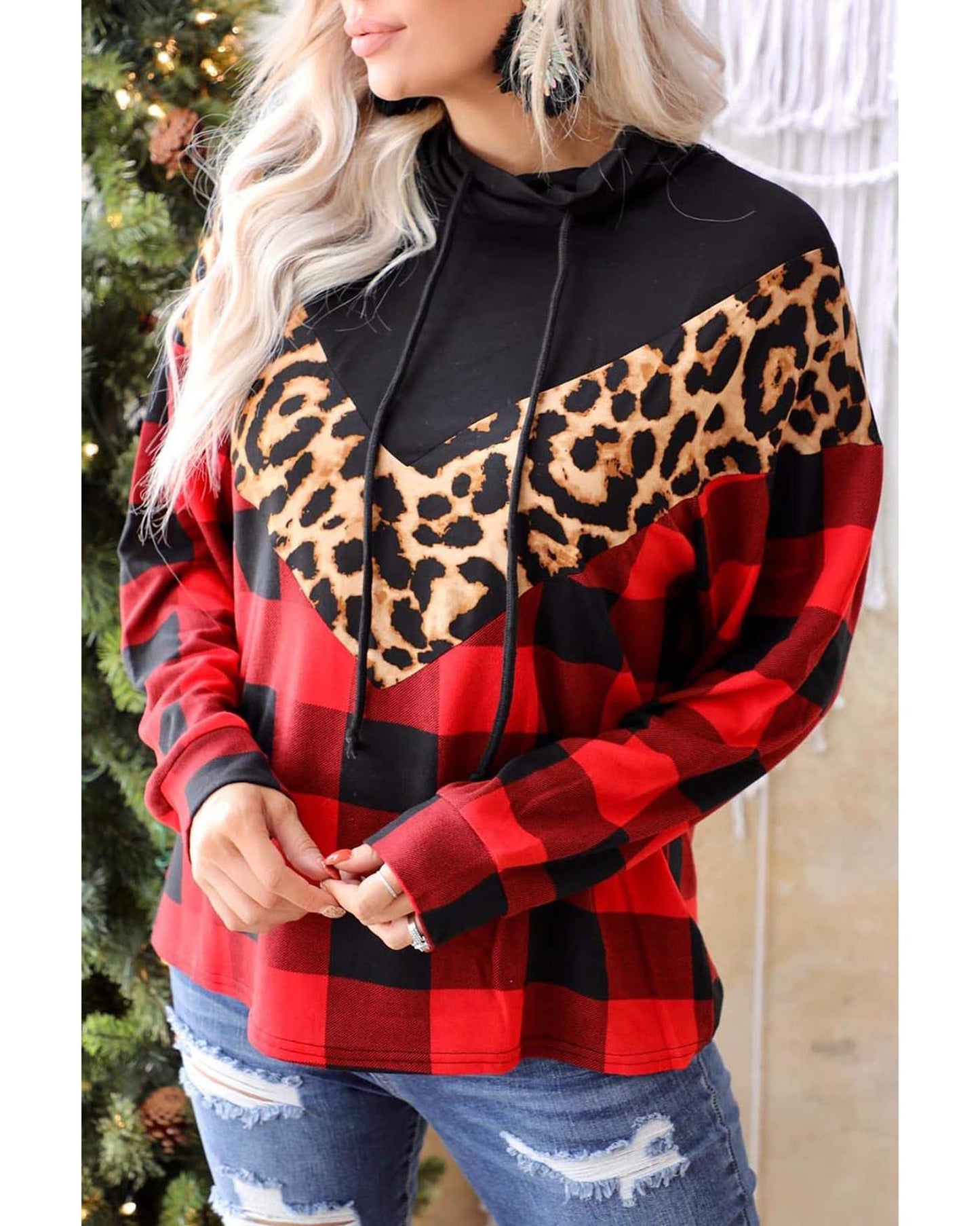 Azura Exchange Chevron Plaid Leopard Patchwork Turtleneck Sweatshirt - M