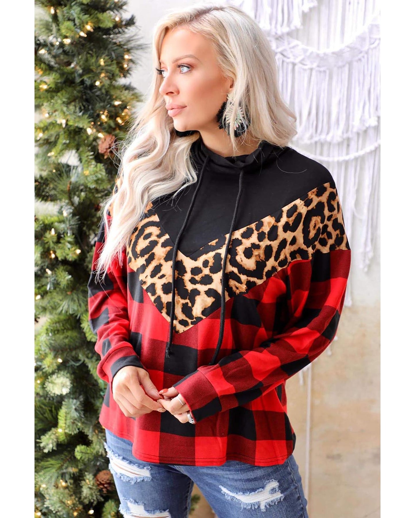 Azura Exchange Chevron Plaid Leopard Patchwork Turtleneck Sweatshirt - S