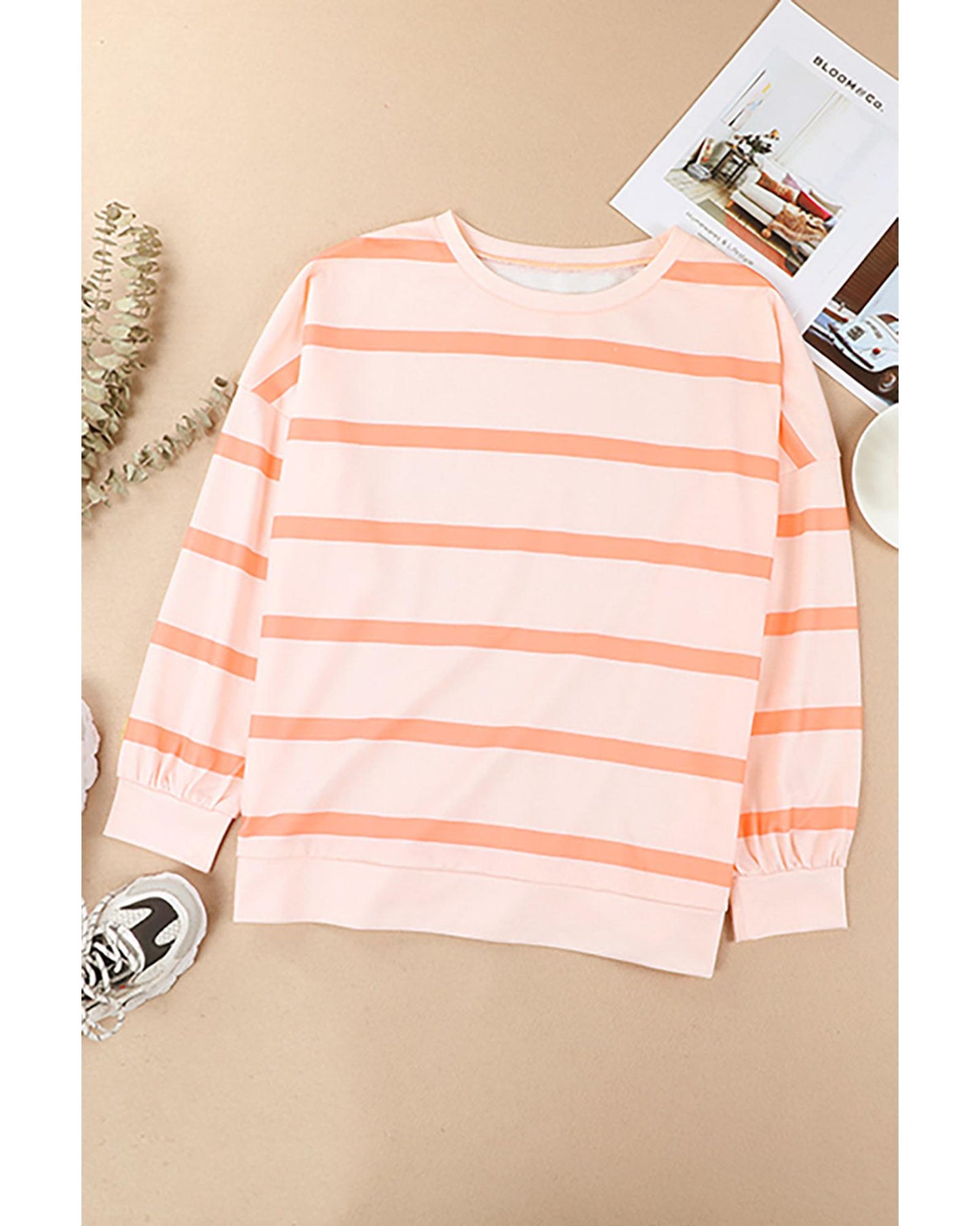 Azura Exchange Drop Shoulder Pullover Sweatshirt with Striped Pattern - L