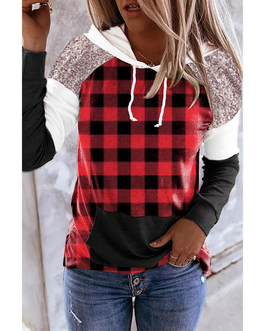 Azura Exchange Plaid Kangaroo Pocket Hoodie with Sequined Splicing - 2XL