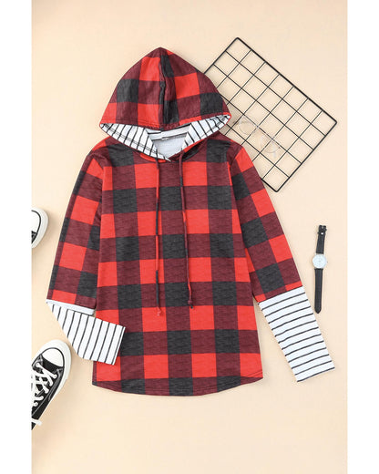 Azura Exchange Plaid Striped Patchwork Drawstring Hoodie - L