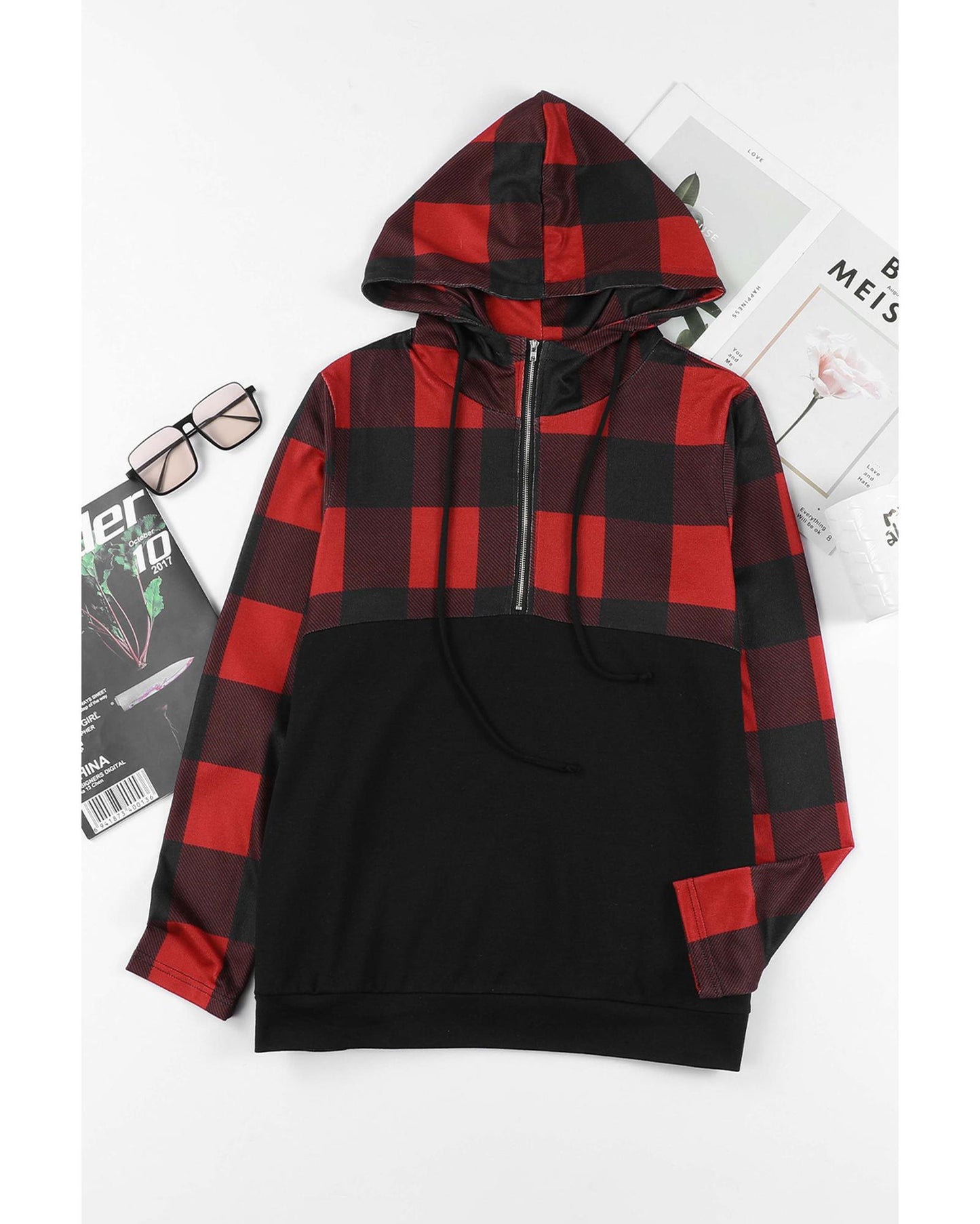 Azura Exchange Buffalo Plaid Zip Pullover Hooded Top - L