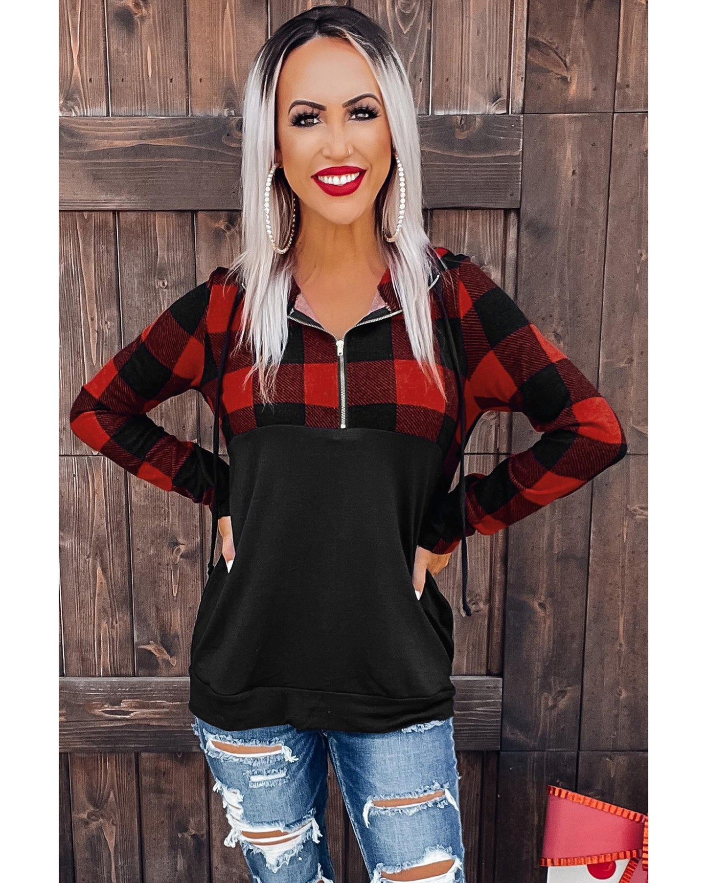 Azura Exchange Buffalo Plaid Zip Pullover Hooded Top - L