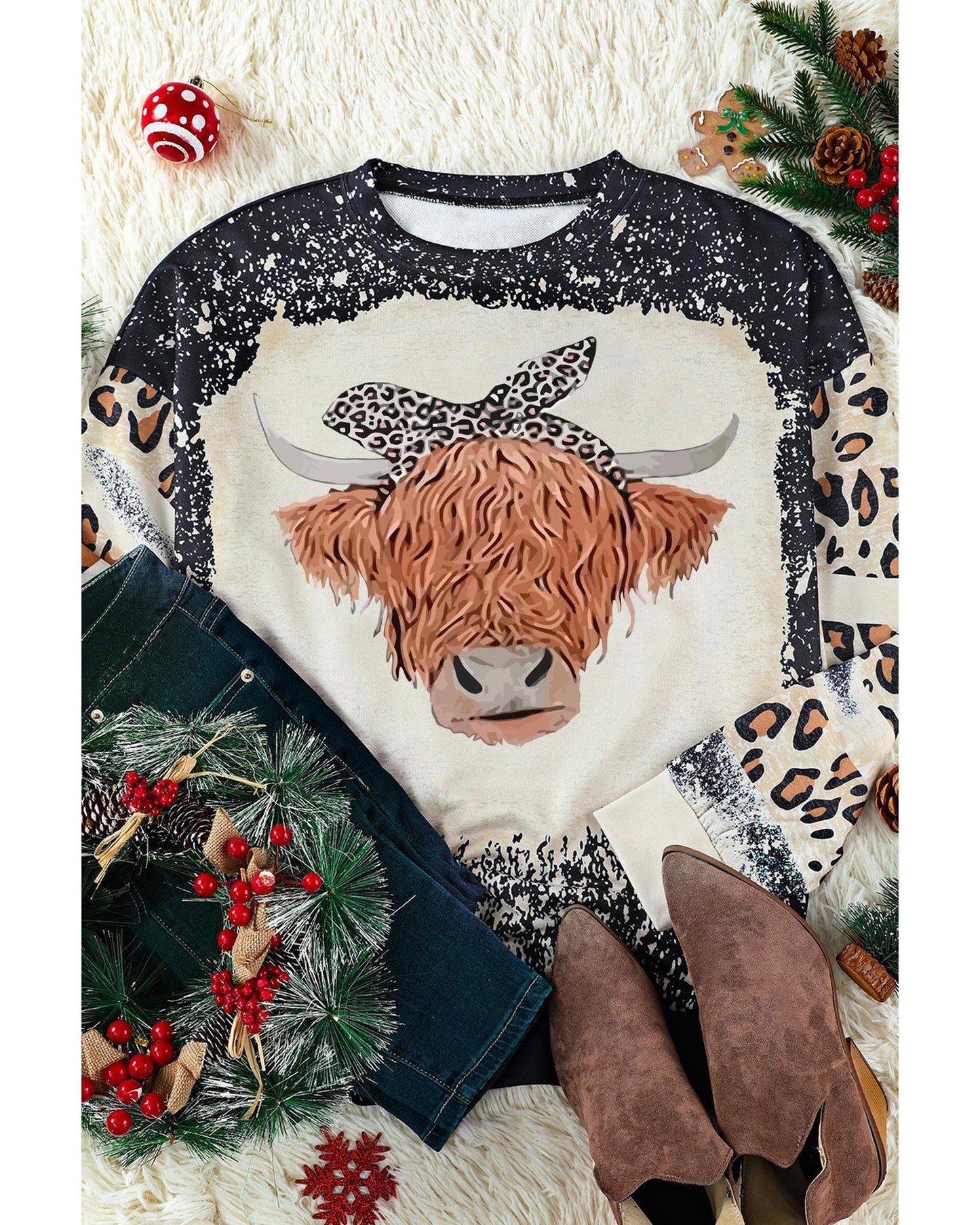 Azura Exchange Cow Head Leopard Print Graphic Sweatshirt - M