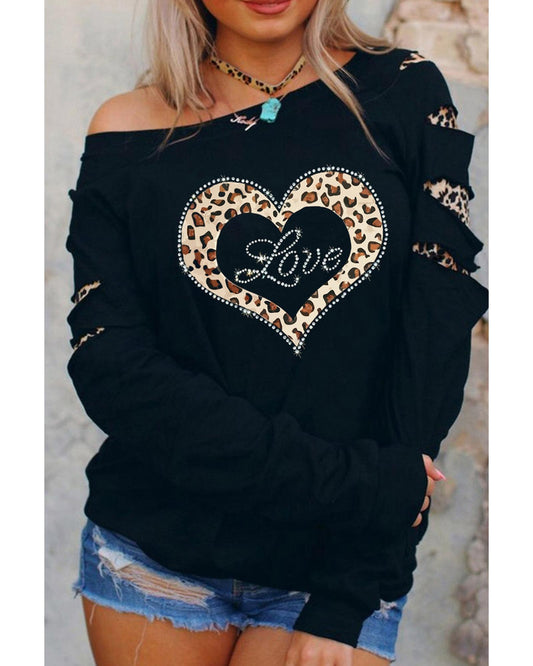 Azura Exchange Leopard Rhinestone Heart Graphic Sweatshirt - 2XL